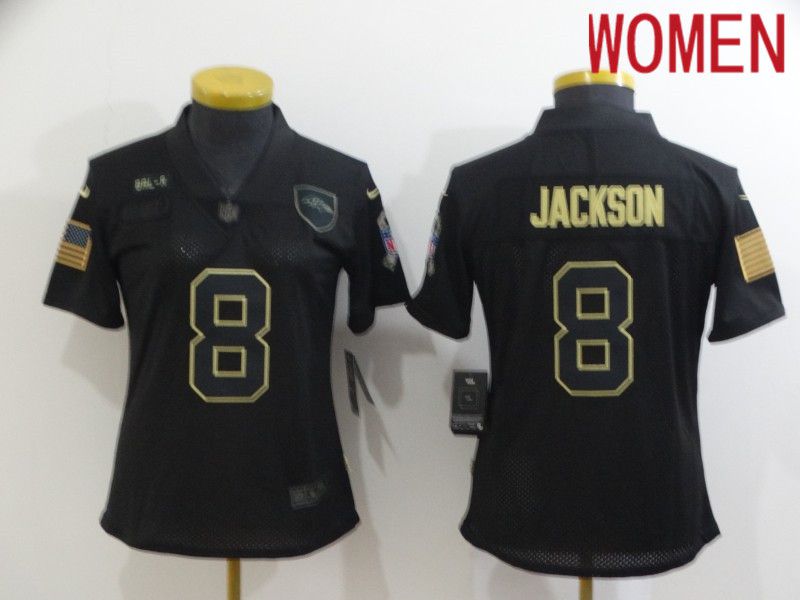 Women Baltimore Ravens #8 Jackson Black Retro Gold Lettering 2020 Nike NFL Jersey->customized mlb jersey->Custom Jersey